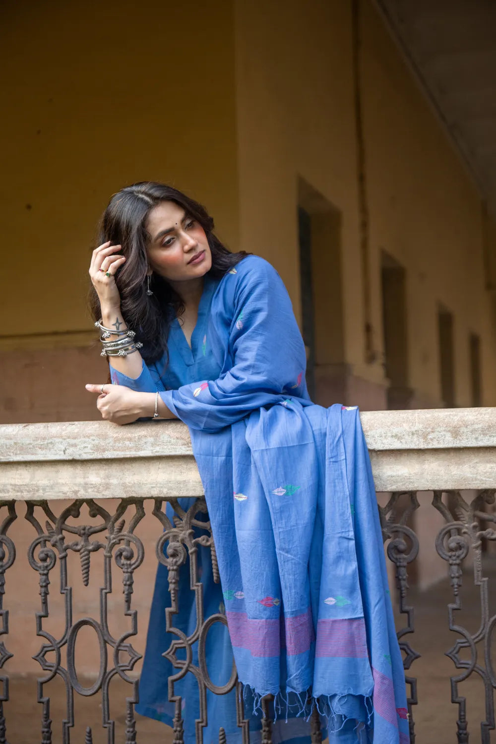 Handloom Sky Blue Pure Cotton Jamdani Kurta Set With Dupatta | SHOBITAM