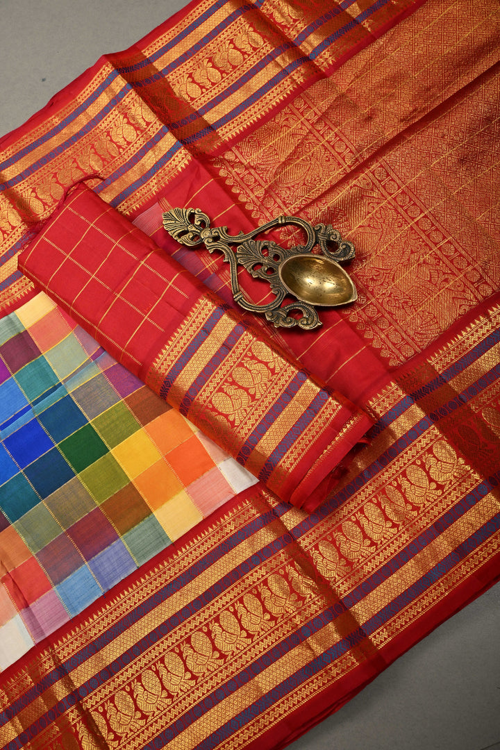 Exquisite Multicolor Korvai Pallum Pazhamum Kanjivaram Silk Saree with Zari Checks and Zari Border | SILK MARK CERTIFIED | SHOBITAM