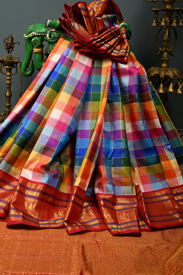 Exquisite Multicolor Korvai Pallum Pazhamum Kanjivaram Silk Saree with Zari Checks and Zari Border | SILK MARK CERTIFIED | SHOBITAM