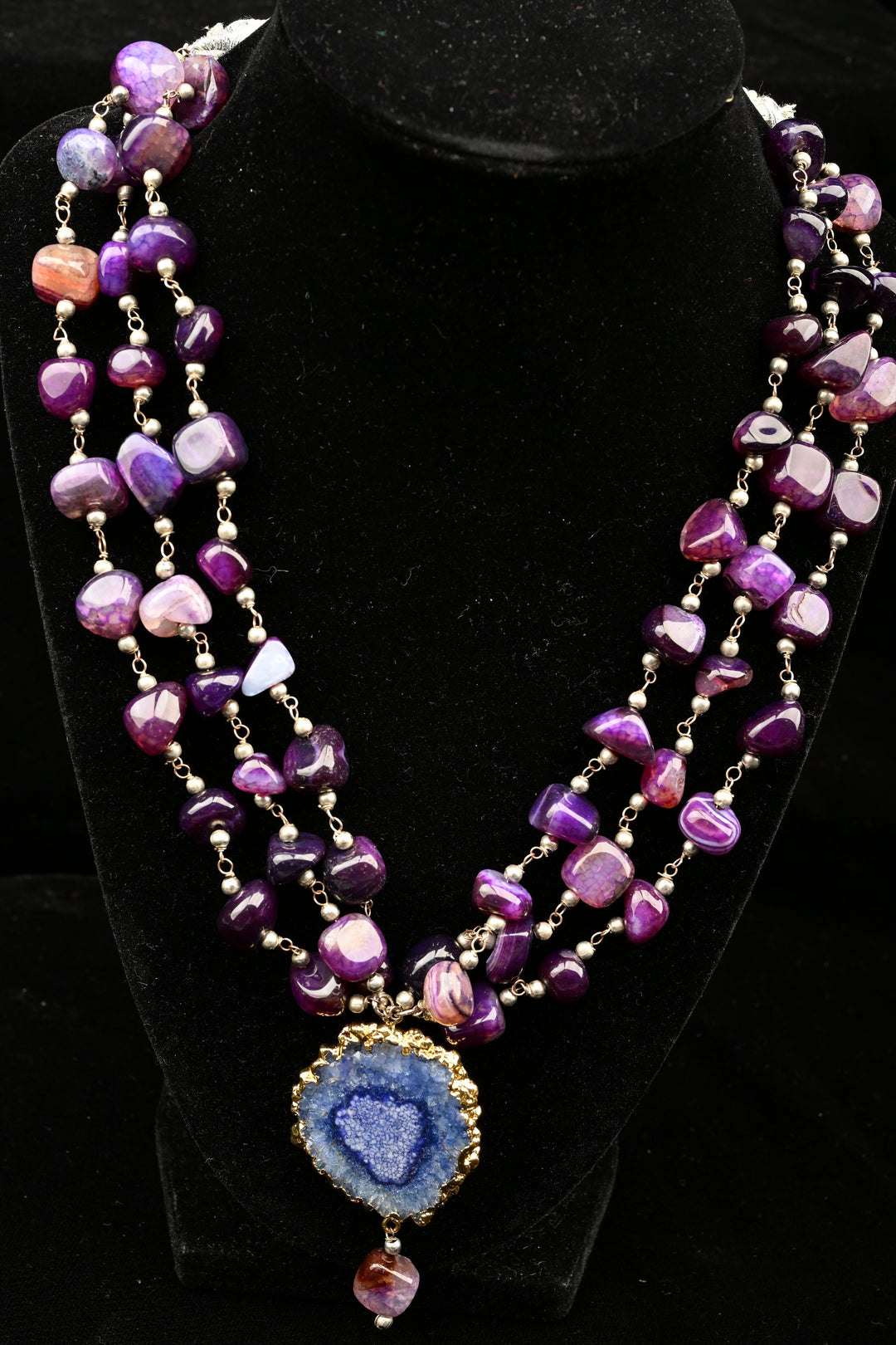 Purple 3 Layered Semi Precious Stone Necklace with Agate Pendant | SHOBITAM