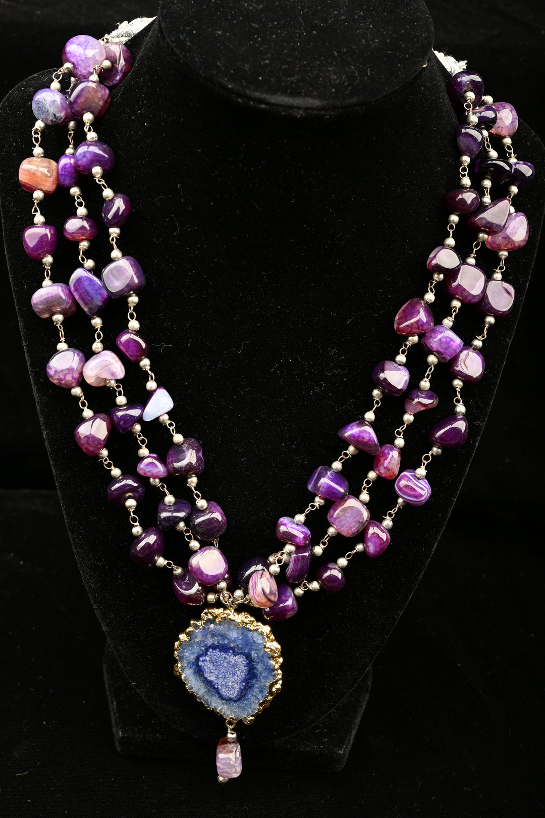 Purple 3 Layered Semi Precious Stone Necklace with Agate Pendant | SHOBITAM