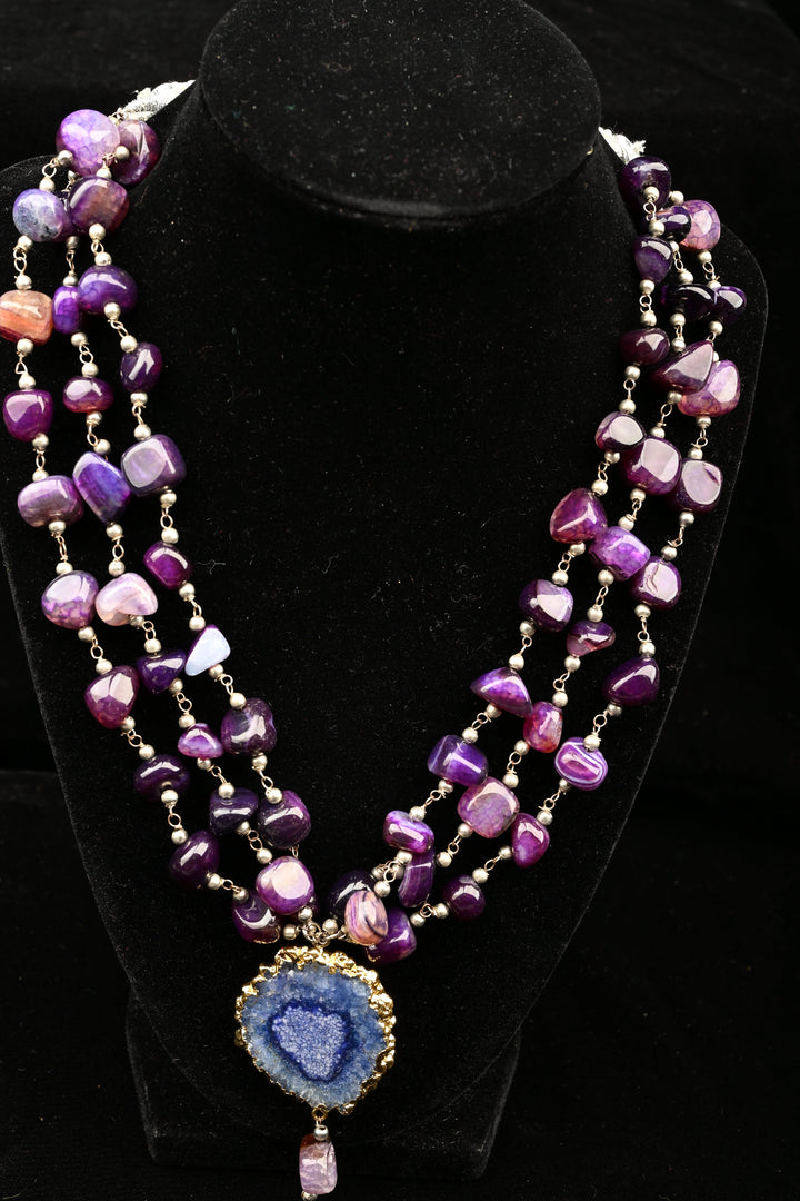 Purple 3 Layered Semi Precious Stone Necklace with Agate Pendant | SHOBITAM
