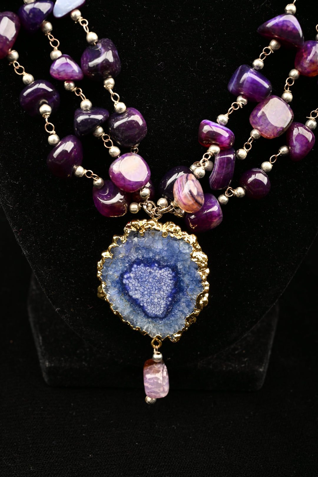 Purple 3 Layered Semi Precious Stone Necklace with Agate Pendant | SHOBITAM