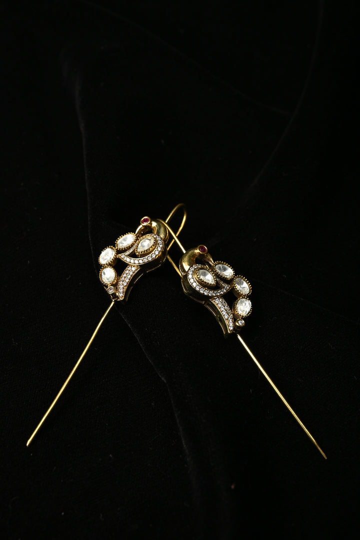 Akansha Needle Cuff in Brass with Antique Gold Polish and Moissanite Stone Details | SHOBITAM