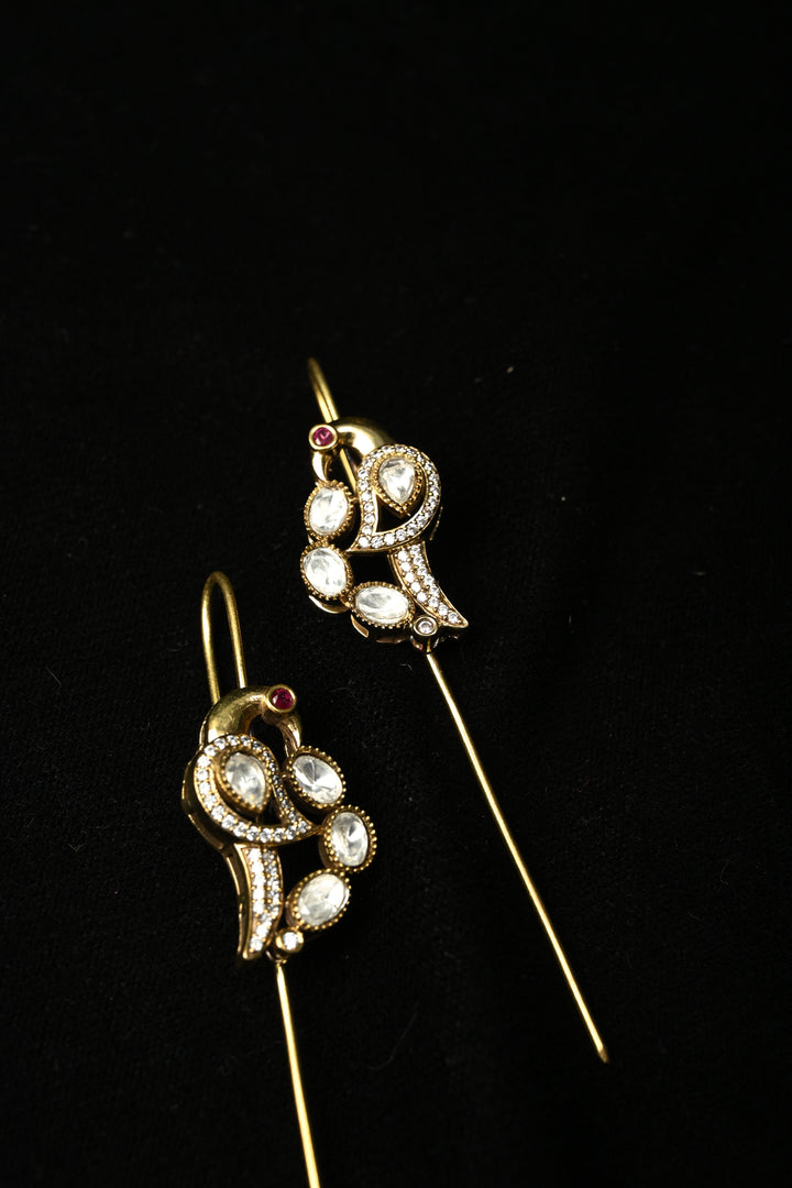 Akansha Needle Cuff in Brass with Antique Gold Polish and Moissanite Stone Details | SHOBITAM