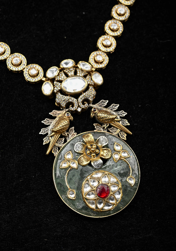 92.5 silver oxidized Dual Tone Necklace, Studded with Semi-Precious Stones