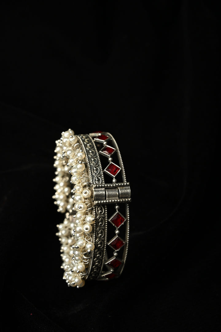Red Fiza Bangle in Brass with stones and pearls with Antique Silver Polish, 1 piece