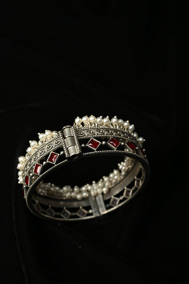 Red Fiza Bangle in Brass with stones and pearls with Antique Silver Polish, 1 piece