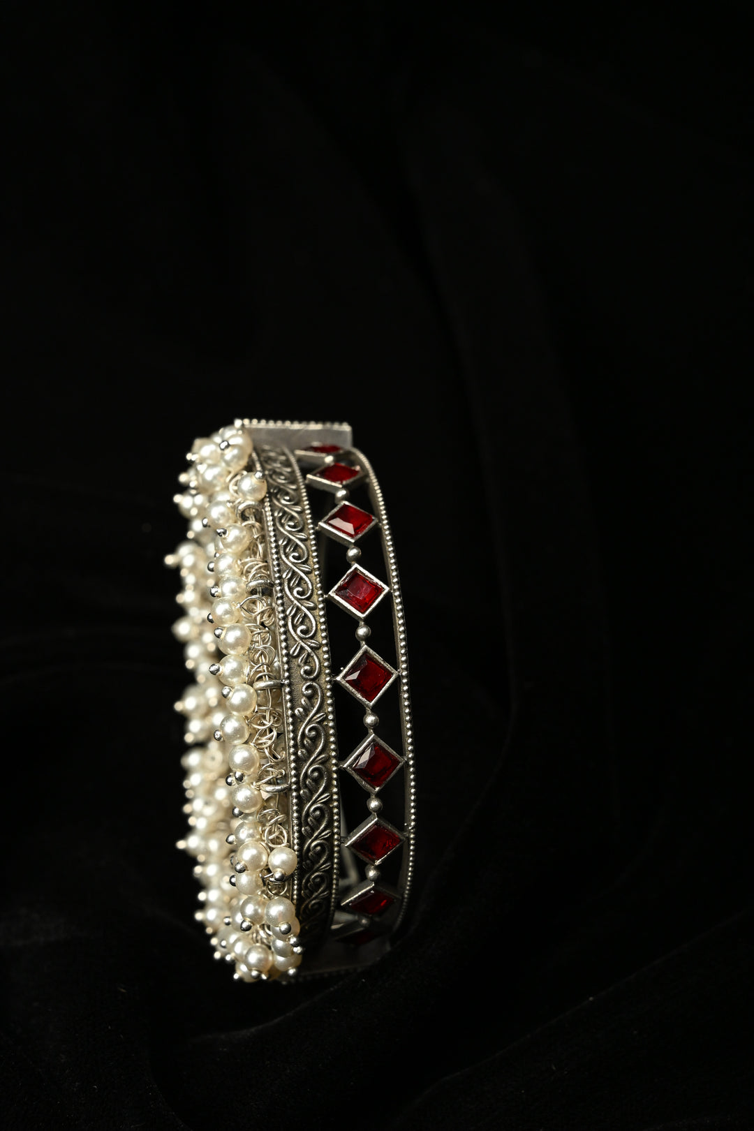 Red Fiza Bangle in Brass with stones and pearls with Antique Silver Polish, 1 piece