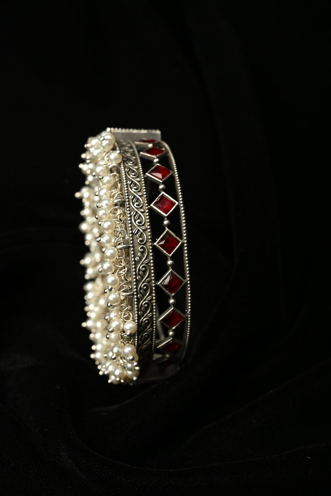 Red Fiza Bangle in Brass with stones and pearls with Antique Silver Polish, 1 piece