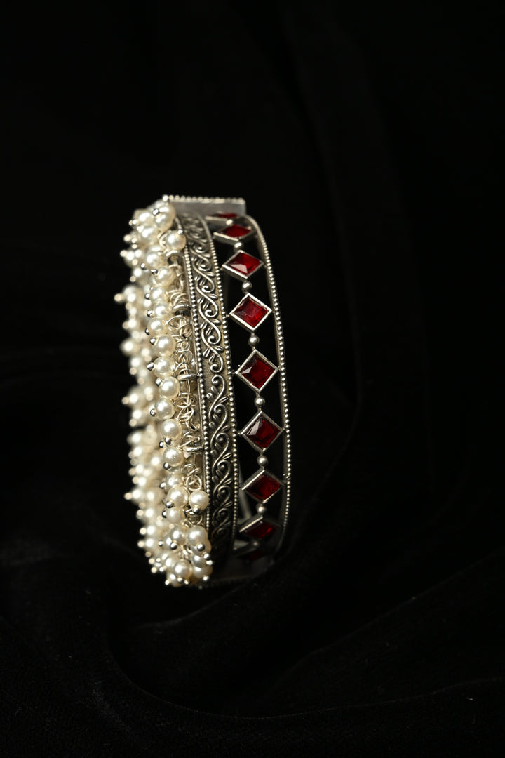 Red Fiza Bangle in Brass with stones and pearls with Antique Silver Polish, 1 piece