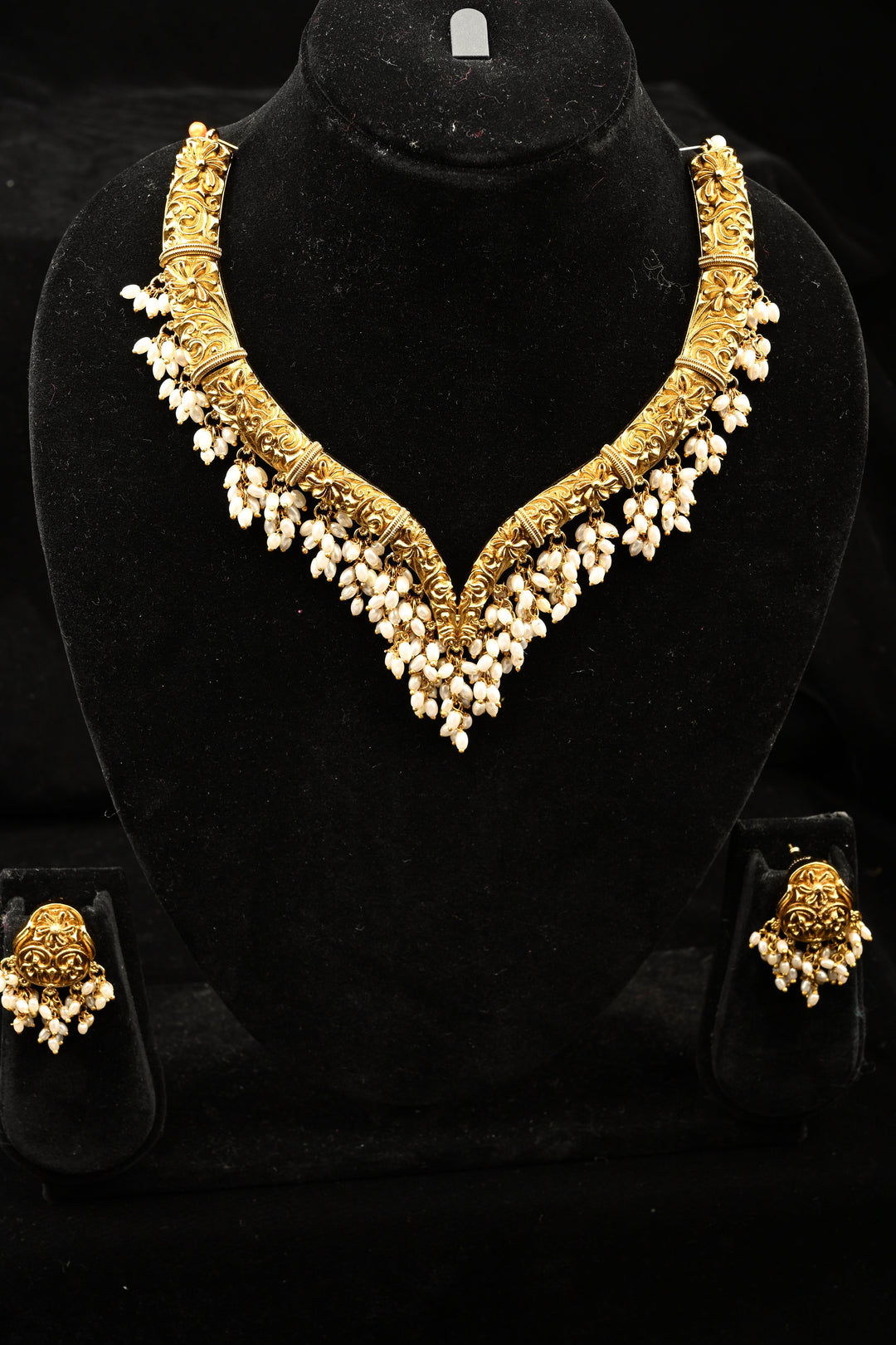 Antique Hasli Nakashi Design Necklace with Tiny Pearl Clusters and Matching Stud Earrings| SHOBITAM