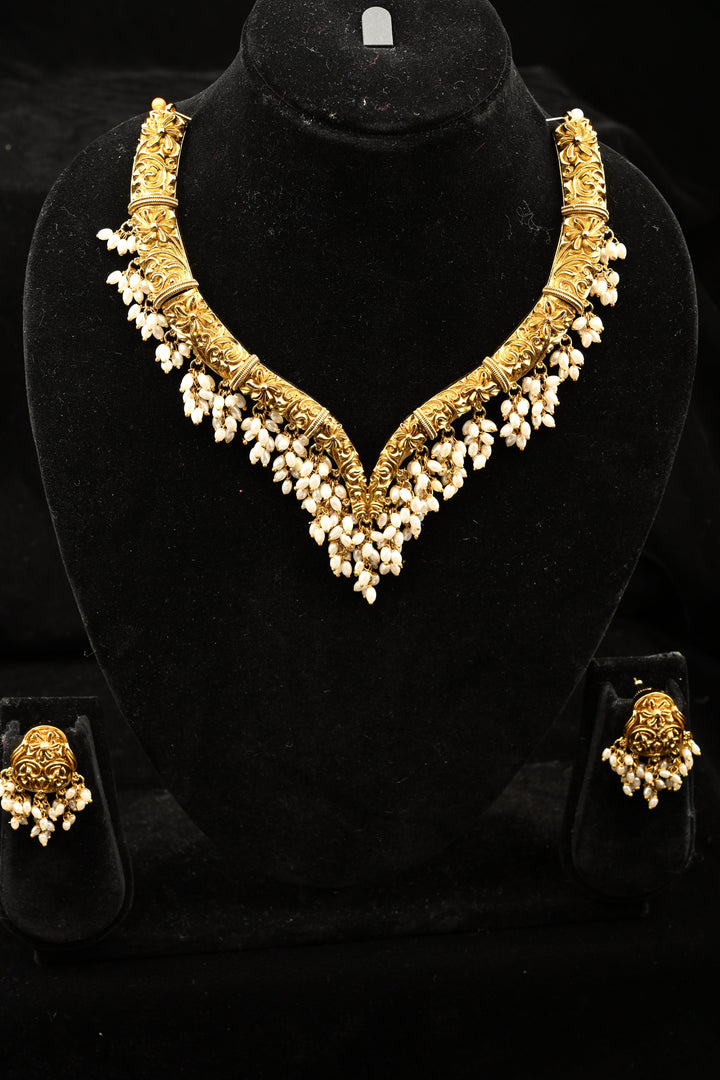 Antique Hasli Nakashi Design Necklace with Tiny Pearl Clusters and Matching Stud Earrings| SHOBITAM