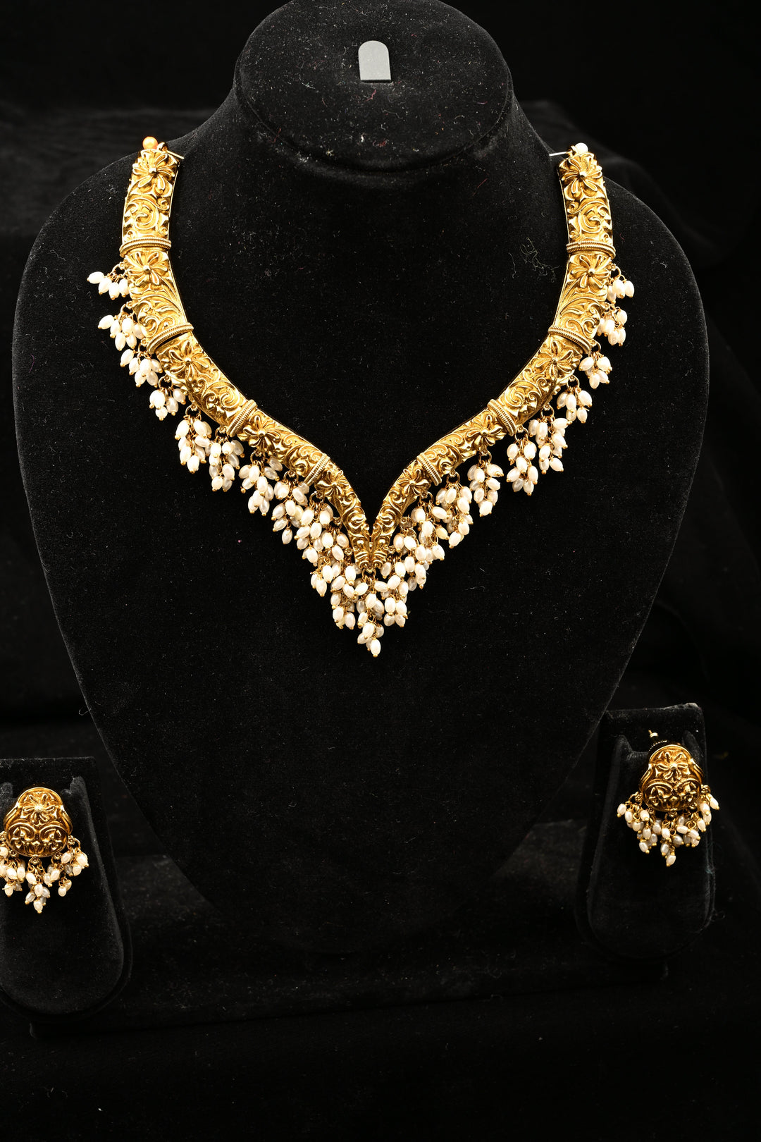 Antique Hasli Nakashi Design Necklace with Tiny Pearl Clusters and Matching Stud Earrings| SHOBITAM