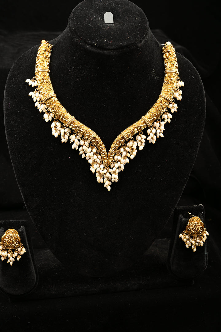 Antique Hasli Nakashi Design Necklace with Tiny Pearl Clusters and Matching Stud Earrings| SHOBITAM