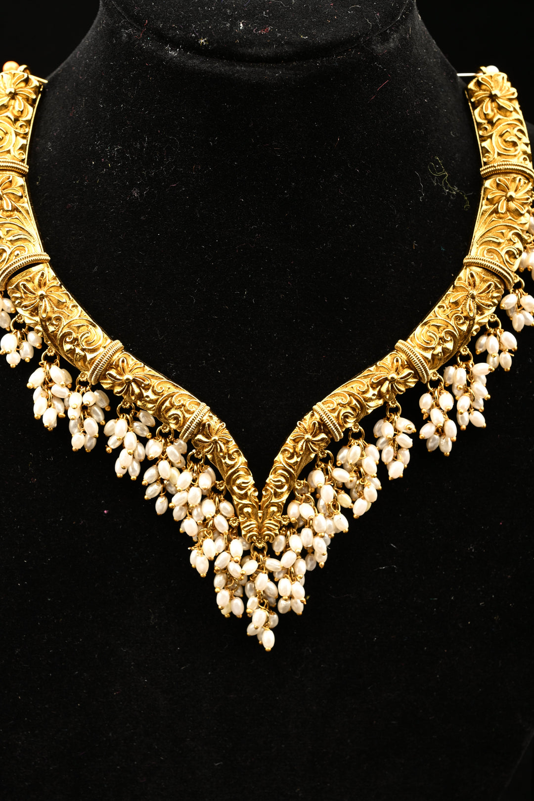Antique Hasli Nakashi Design Necklace with Tiny Pearl Clusters and Matching Stud Earrings| SHOBITAM