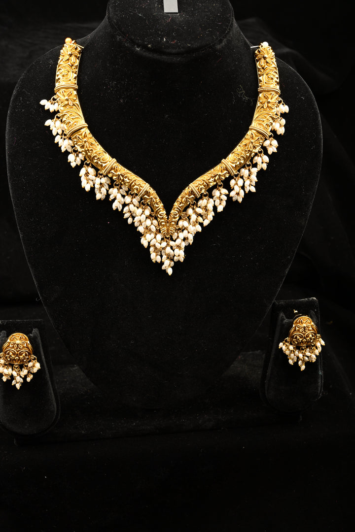 Antique Hasli Nakashi Design Necklace with Tiny Pearl Clusters and Matching Stud Earrings| SHOBITAM