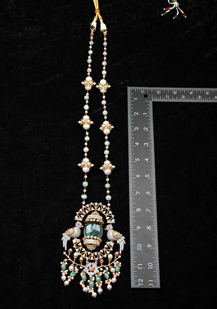 92.5 Silver Victorian Necklace studded with Gem Stones and Pearl Beads.