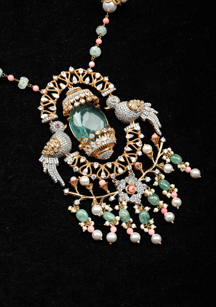 92.5 Silver Victorian Necklace studded with Gem Stones and Pearl Beads.