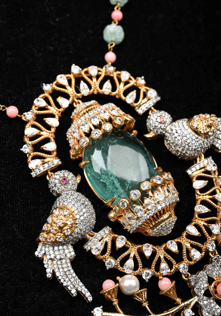 92.5 Silver Victorian Necklace studded with Gem Stones and Pearl Beads.