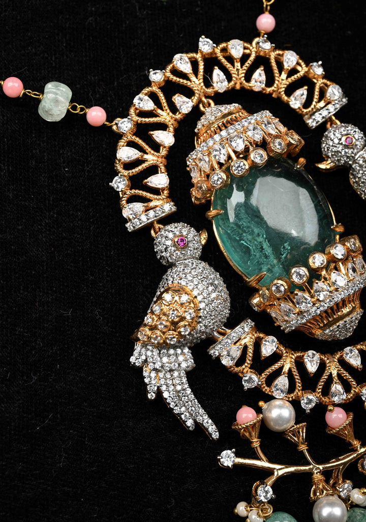 92.5 Silver Victorian Necklace studded with Gem Stones and Pearl Beads.