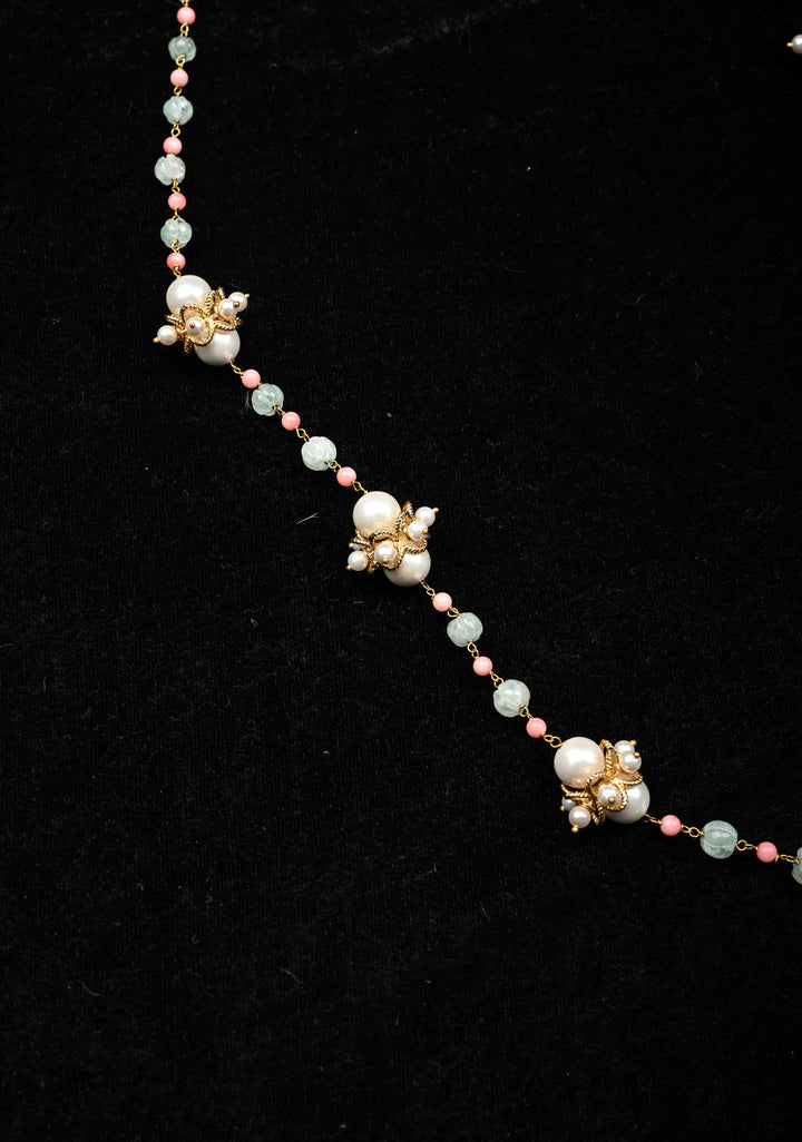92.5 Silver Victorian Necklace studded with Gem Stones and Pearl Beads.