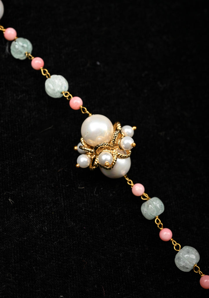 92.5 Silver Victorian Necklace studded with Gem Stones and Pearl Beads.