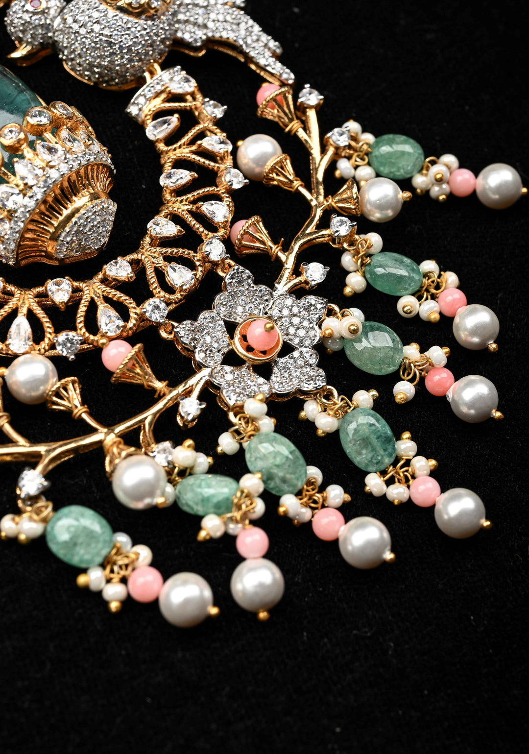 92.5 Silver Victorian Necklace studded with Gem Stones and Pearl Beads.