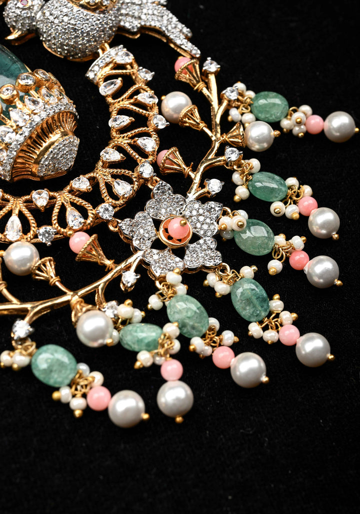 92.5 Silver Victorian Necklace studded with Gem Stones and Pearl Beads.