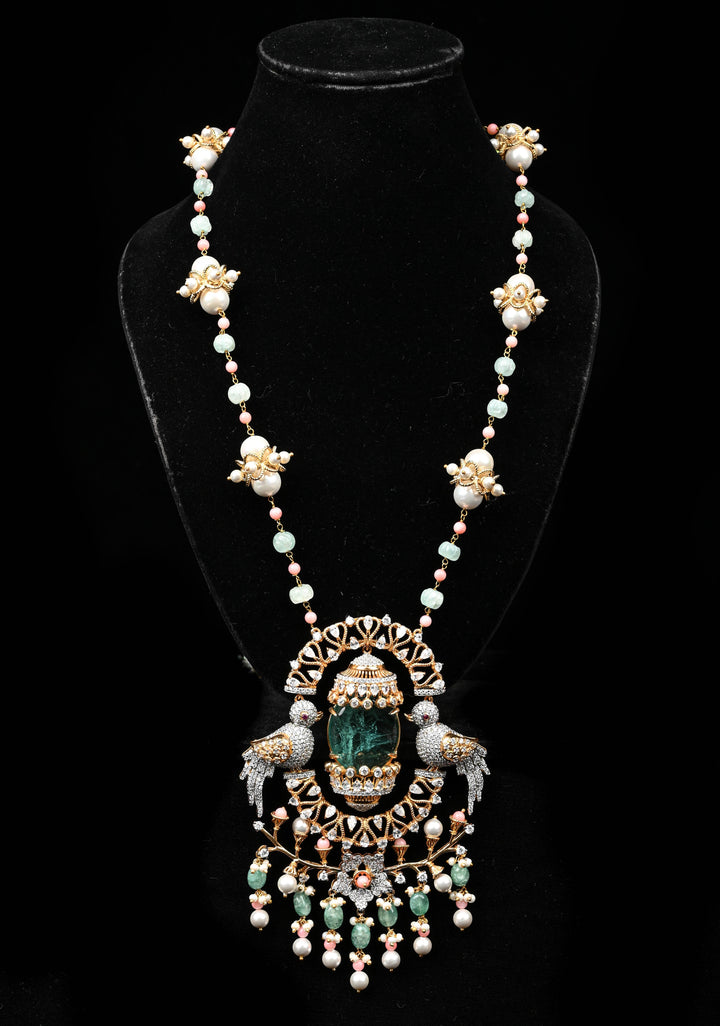 92.5 Silver Victorian Necklace studded with Gem Stones and Pearl Beads.