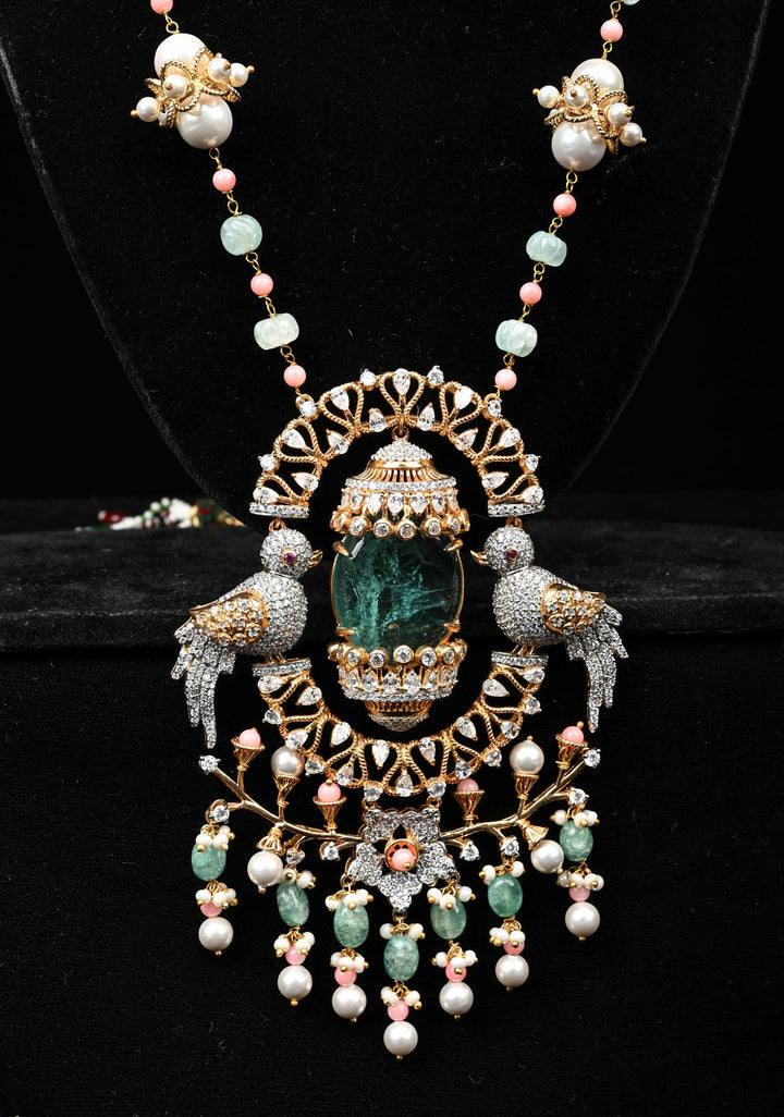 92.5 Silver Victorian Necklace studded with Gem Stones and Pearl Beads.