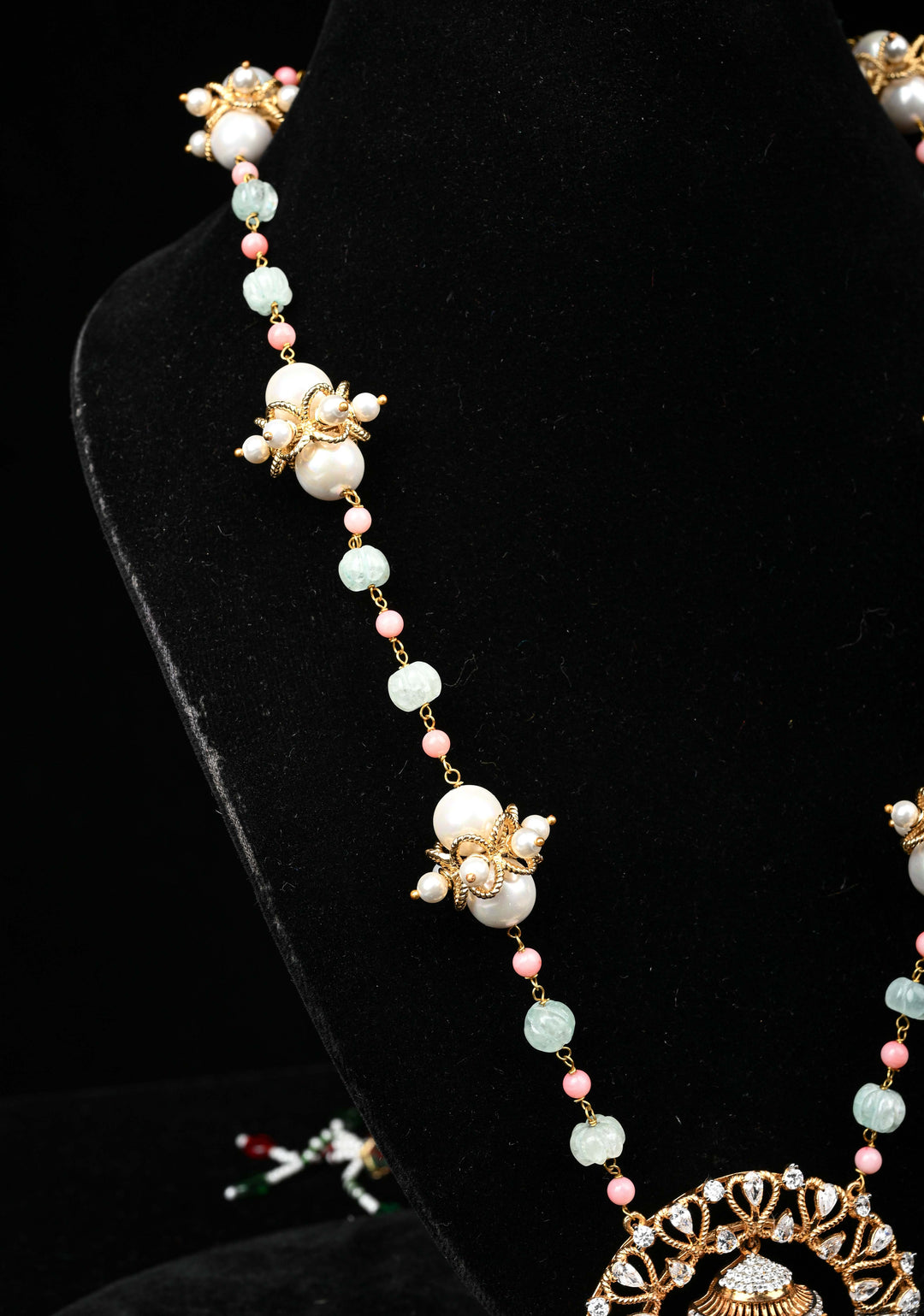 92.5 Silver Victorian Necklace studded with Gem Stones and Pearl Beads.