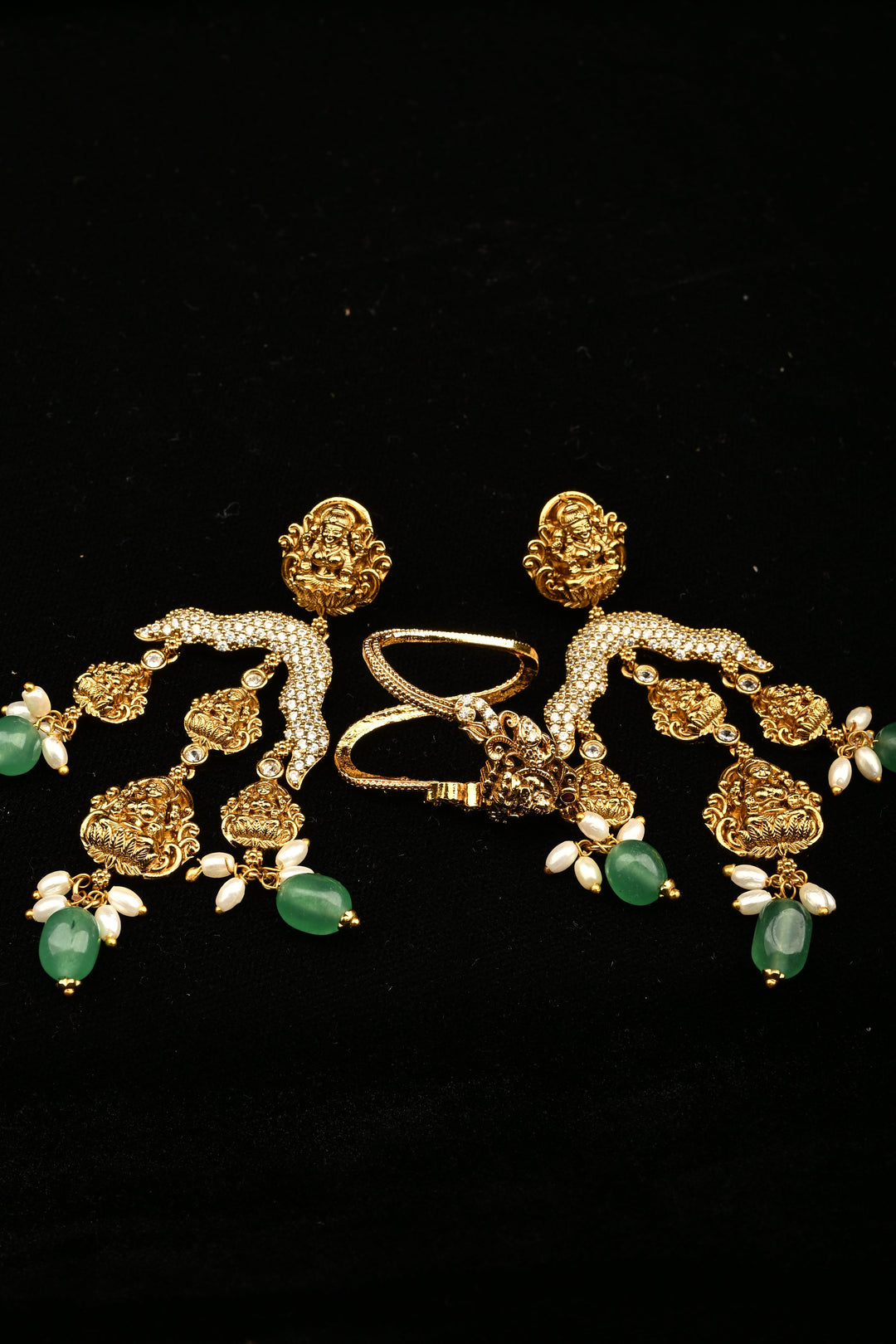 Traditional Nakashi Work Lakshmi Motif Chandelier Earrings with Green stone Accents| SHOBITAM