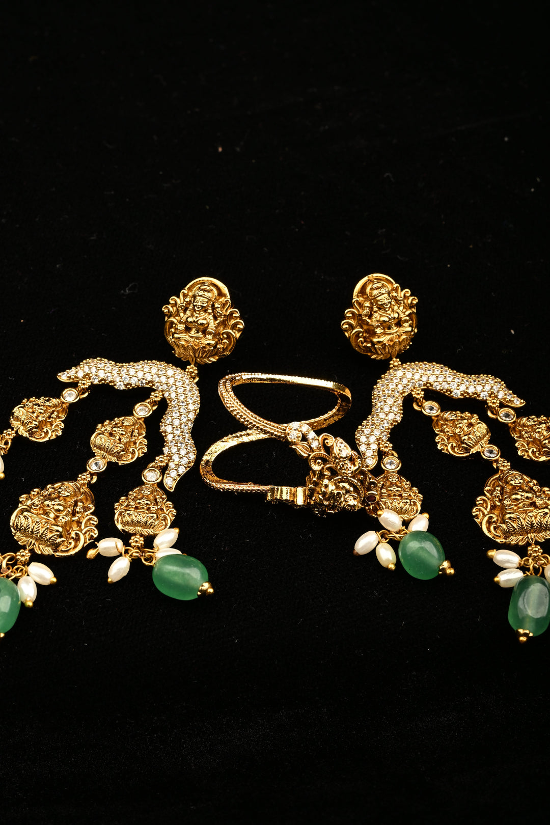 Traditional Nakashi Work Lakshmi Motif Chandelier Earrings with Green stone Accents| SHOBITAM