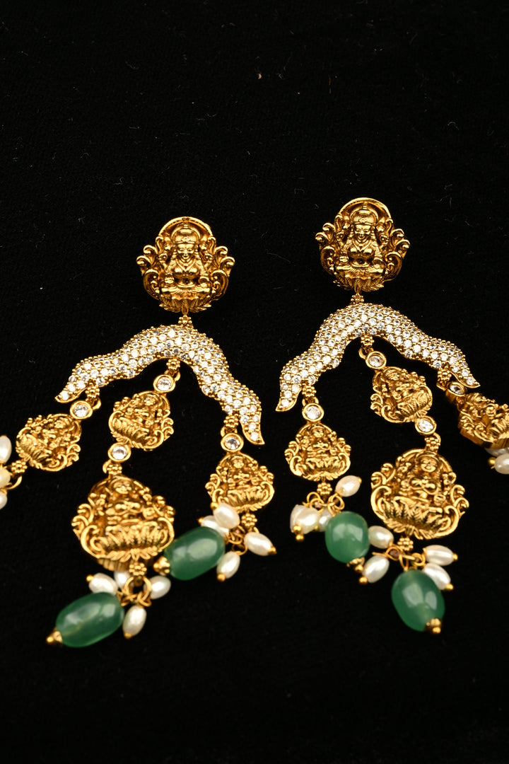 Traditional Nakashi Work Lakshmi Motif Chandelier Earrings with Green stone Accents| SHOBITAM