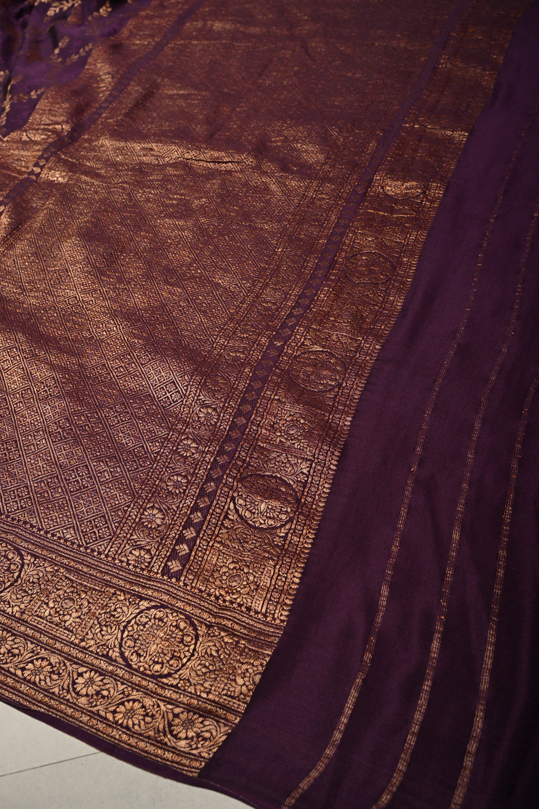 Dark Purple Mysore Crepe Silk Saree with Zari Brocade Jaal and Brush Dye on Zari Borders   | Silk Mark Certified SHOBITAM