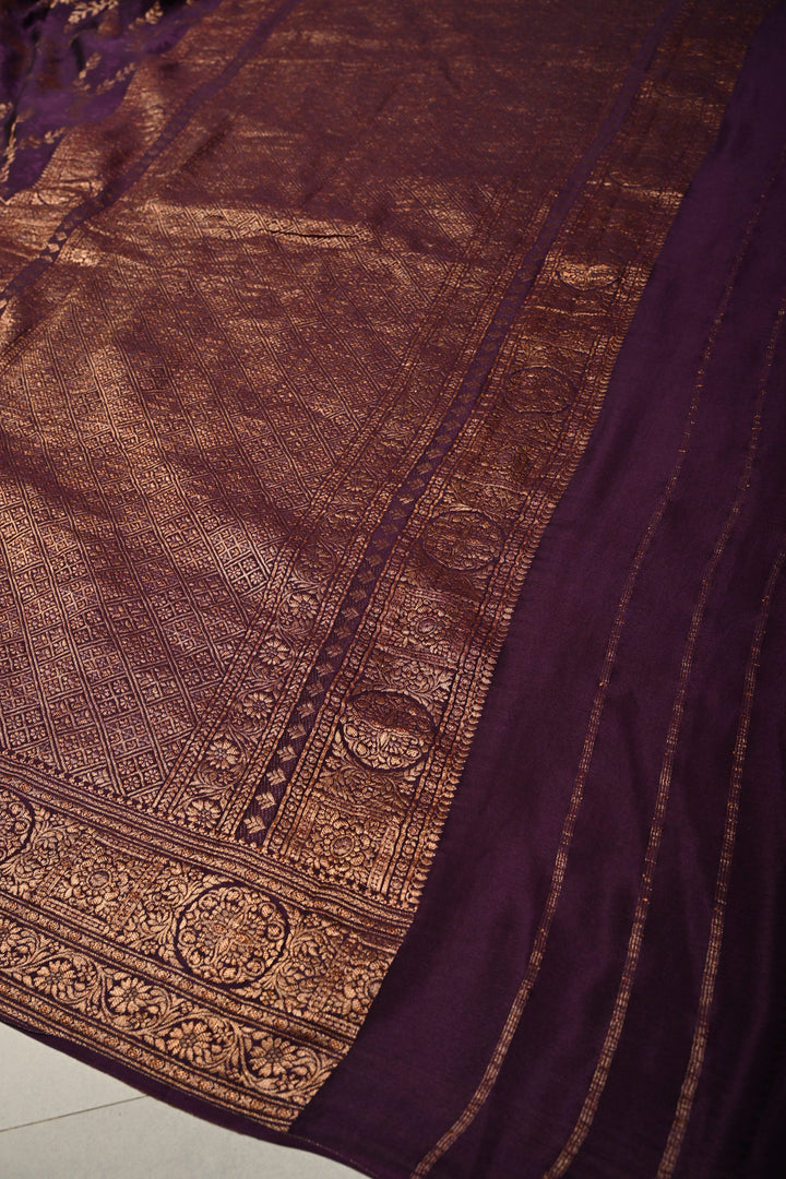 Dark Purple Mysore Crepe Silk Saree with Zari Brocade Jaal and Brush Dye on Zari Borders   | Silk Mark Certified SHOBITAM