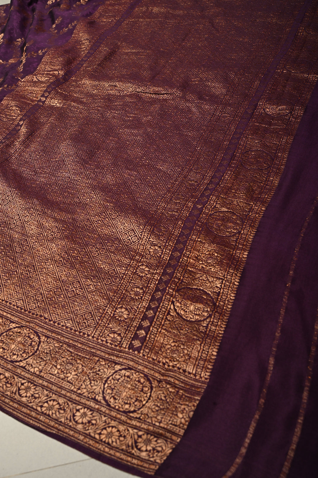 Dark Purple Mysore Crepe Silk Saree with Zari Brocade Jaal and Brush Dye on Zari Borders   | Silk Mark Certified SHOBITAM