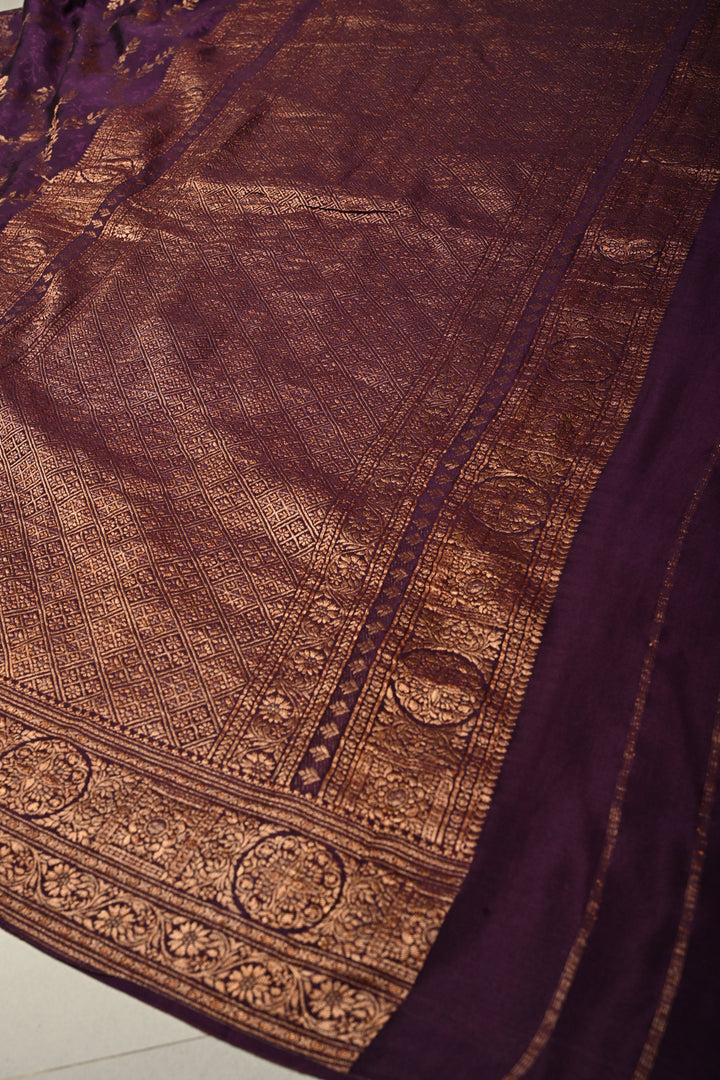 Dark Purple Mysore Crepe Silk Saree with Zari Brocade Jaal and Brush Dye on Zari Borders   | Silk Mark Certified SHOBITAM