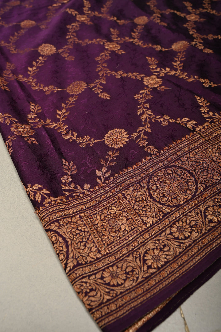 Dark Purple Mysore Crepe Silk Saree with Zari Brocade Jaal and Brush Dye on Zari Borders   | Silk Mark Certified SHOBITAM