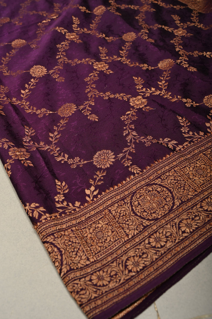 Dark Purple Mysore Crepe Silk Saree with Zari Brocade Jaal and Brush Dye on Zari Borders   | Silk Mark Certified SHOBITAM