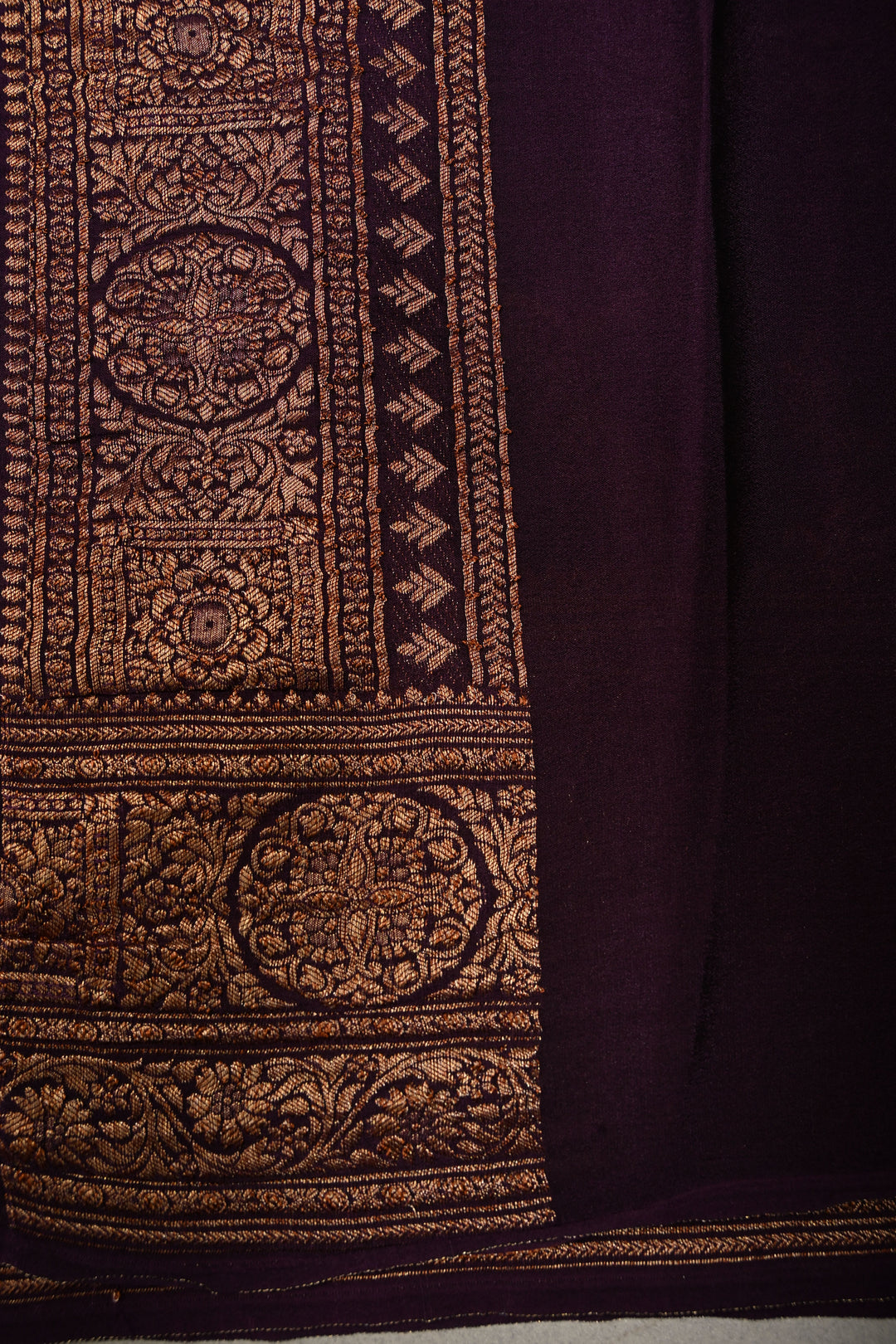Dark Purple Mysore Crepe Silk Saree with Zari Brocade Jaal and Brush Dye on Zari Borders   | Silk Mark Certified SHOBITAM