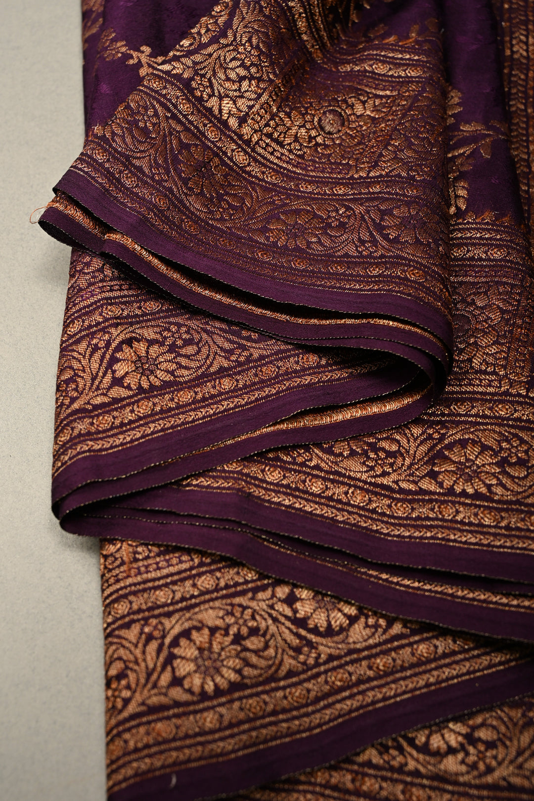 Dark Purple Mysore Crepe Silk Saree with Zari Brocade Jaal and Brush Dye on Zari Borders   | Silk Mark Certified SHOBITAM
