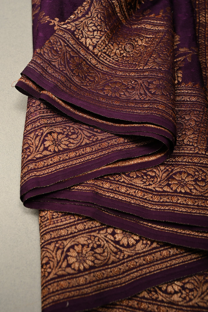 Dark Purple Mysore Crepe Silk Saree with Zari Brocade Jaal and Brush Dye on Zari Borders   | Silk Mark Certified SHOBITAM