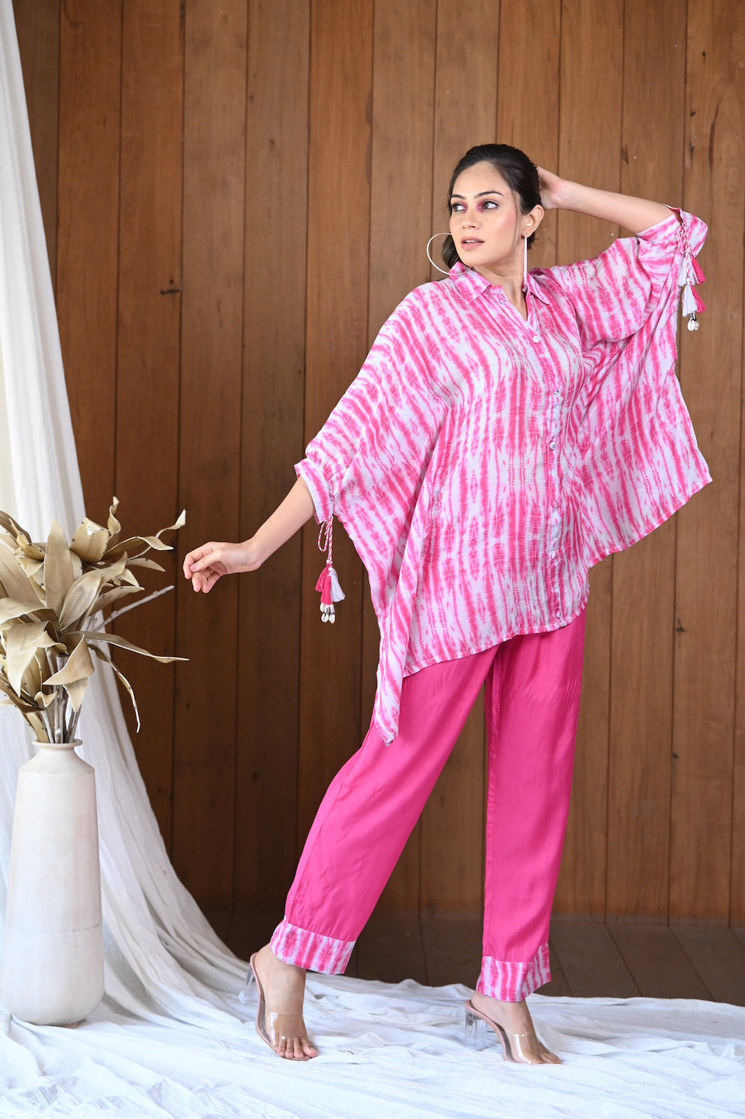 Pink Shibori Muslin Kaftan Top & Pant Set- SET OF-2 | SHOBITAM