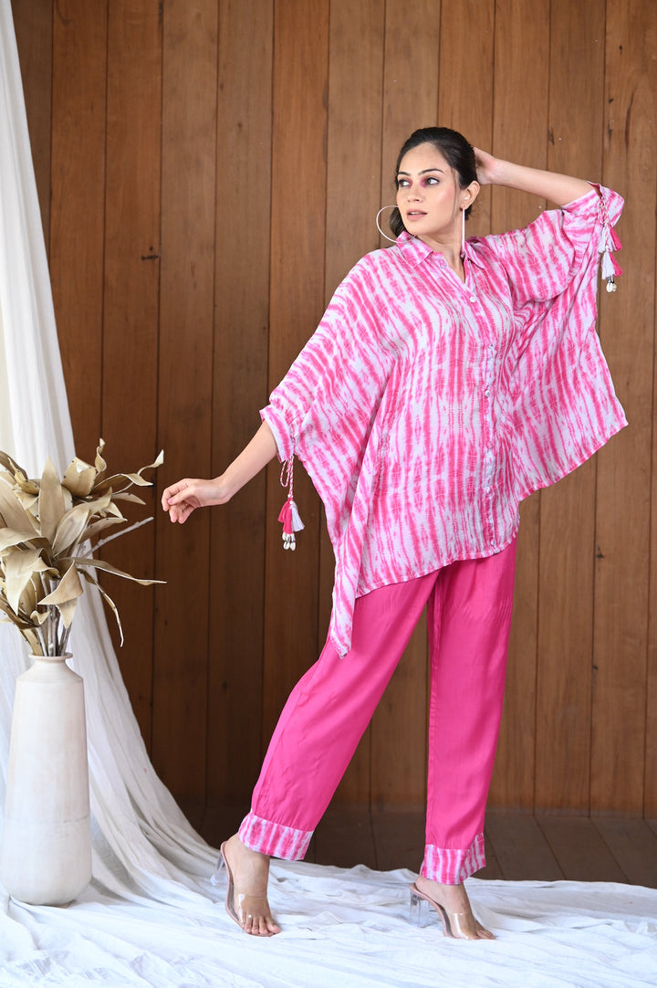 Pink Shibori Muslin Kaftan Top & Pant Set- SET OF-2 | SHOBITAM
