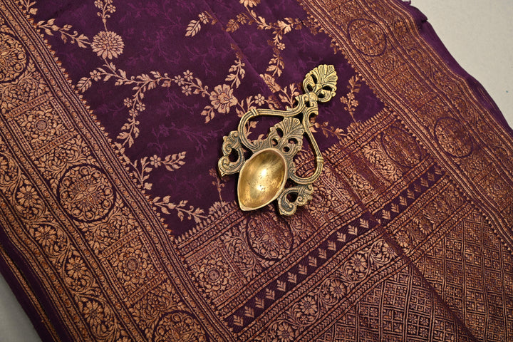 Dark Purple Mysore Crepe Silk Saree with Zari Brocade Jaal and Brush Dye on Zari Borders   | Silk Mark Certified SHOBITAM