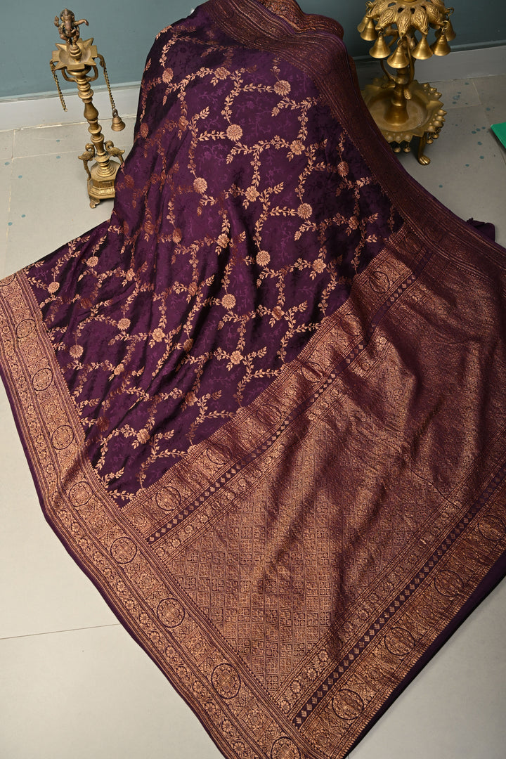 Dark Purple Mysore Crepe Silk Saree with Zari Brocade Jaal and Brush Dye on Zari Borders   | Silk Mark Certified SHOBITAM