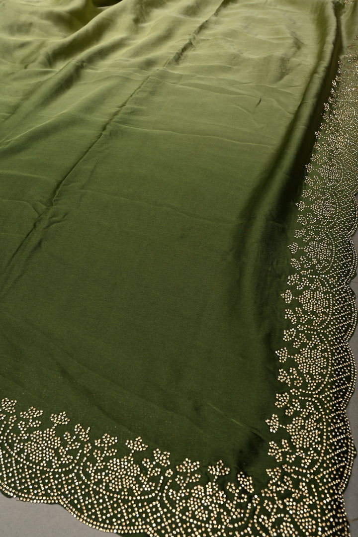 Green Ombre Satin Georgette Saree with Tone on Tone Powder Stones Work and Scallop Border | SHOBITAM