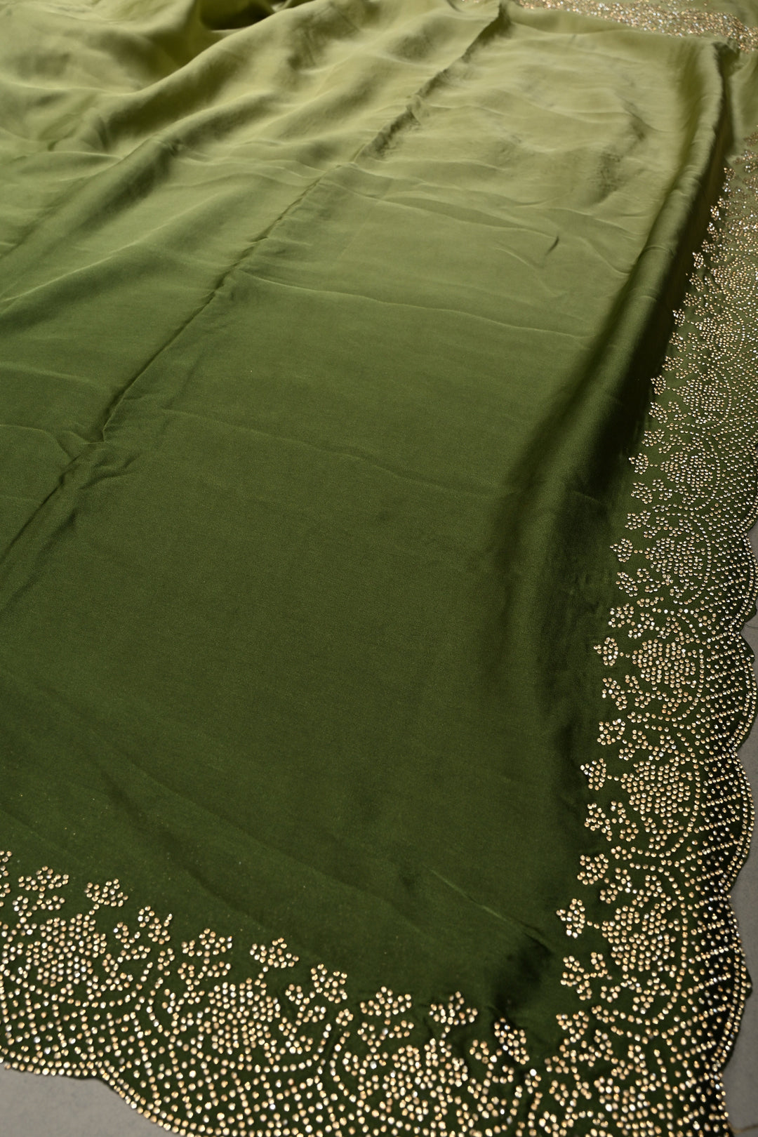 Green Ombre Satin Georgette Saree with Tone on Tone Powder Stones Work and Scallop Border | SHOBITAM